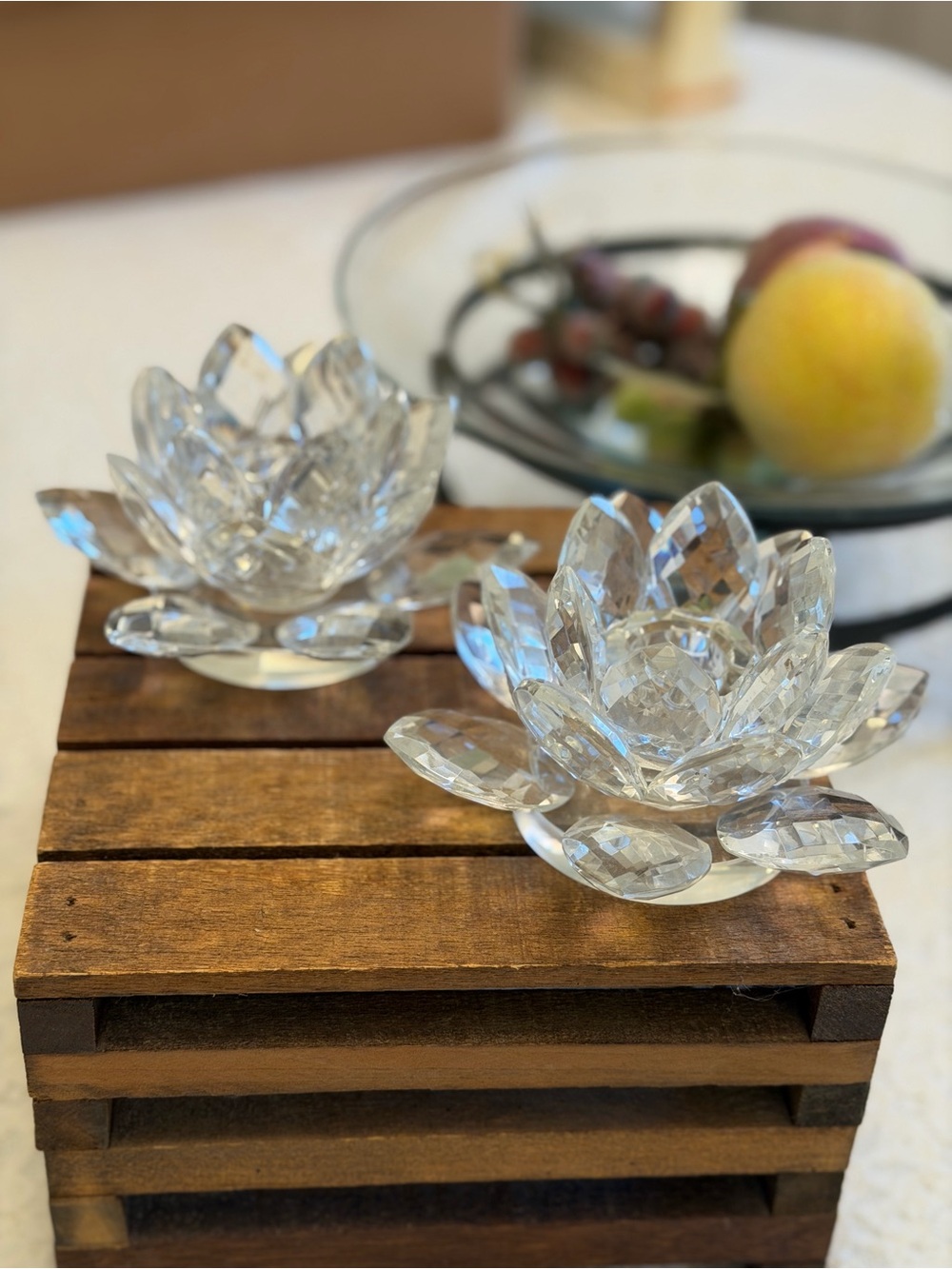 Set of Two Vintage Crystal Glass Lotus Flower Tapered Candle Holders